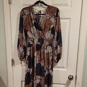 OneTheLand Brown & Black Floral Faux Wrap Maxi Dress